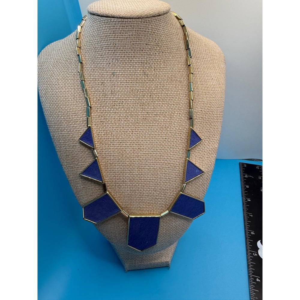 Halston Heritage Gold Tone Purple Geometric Bib Statement Necklace Logo Charm